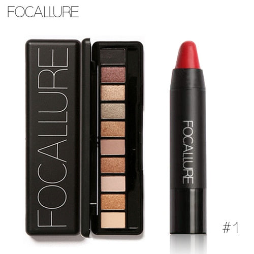 FOCALLURE 2pcs Makeup Kit Matte Lipstick Lips Eyeshadow Makeup Set Powder Eye Makeup Sexy Lipstick Blusher Tool Kit Daily Use
