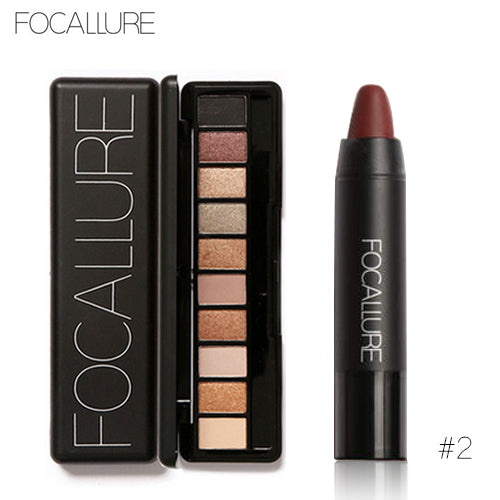 FOCALLURE 2pcs Makeup Kit Matte Lipstick Lips Eyeshadow Makeup Set Powder Eye Makeup Sexy Lipstick Blusher Tool Kit Daily Use