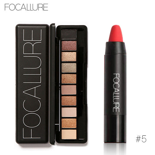 FOCALLURE 2pcs Makeup Kit Matte Lipstick Lips Eyeshadow Makeup Set Powder Eye Makeup Sexy Lipstick Blusher Tool Kit Daily Use