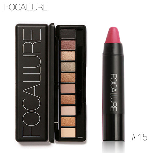 FOCALLURE 2pcs Makeup Kit Matte Lipstick Lips Eyeshadow Makeup Set Powder Eye Makeup Sexy Lipstick Blusher Tool Kit Daily Use
